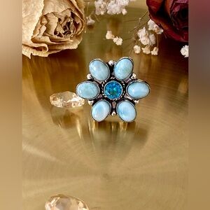 Natural Larimar And Blue Topaz Flower Ring Size 7.50